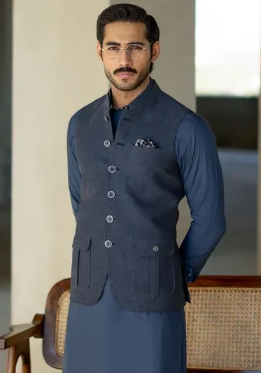 DENIM BLUE WOOL TWEED VEST