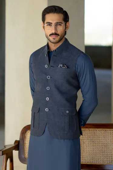 DENIM BLUE WOOL TWEED VEST